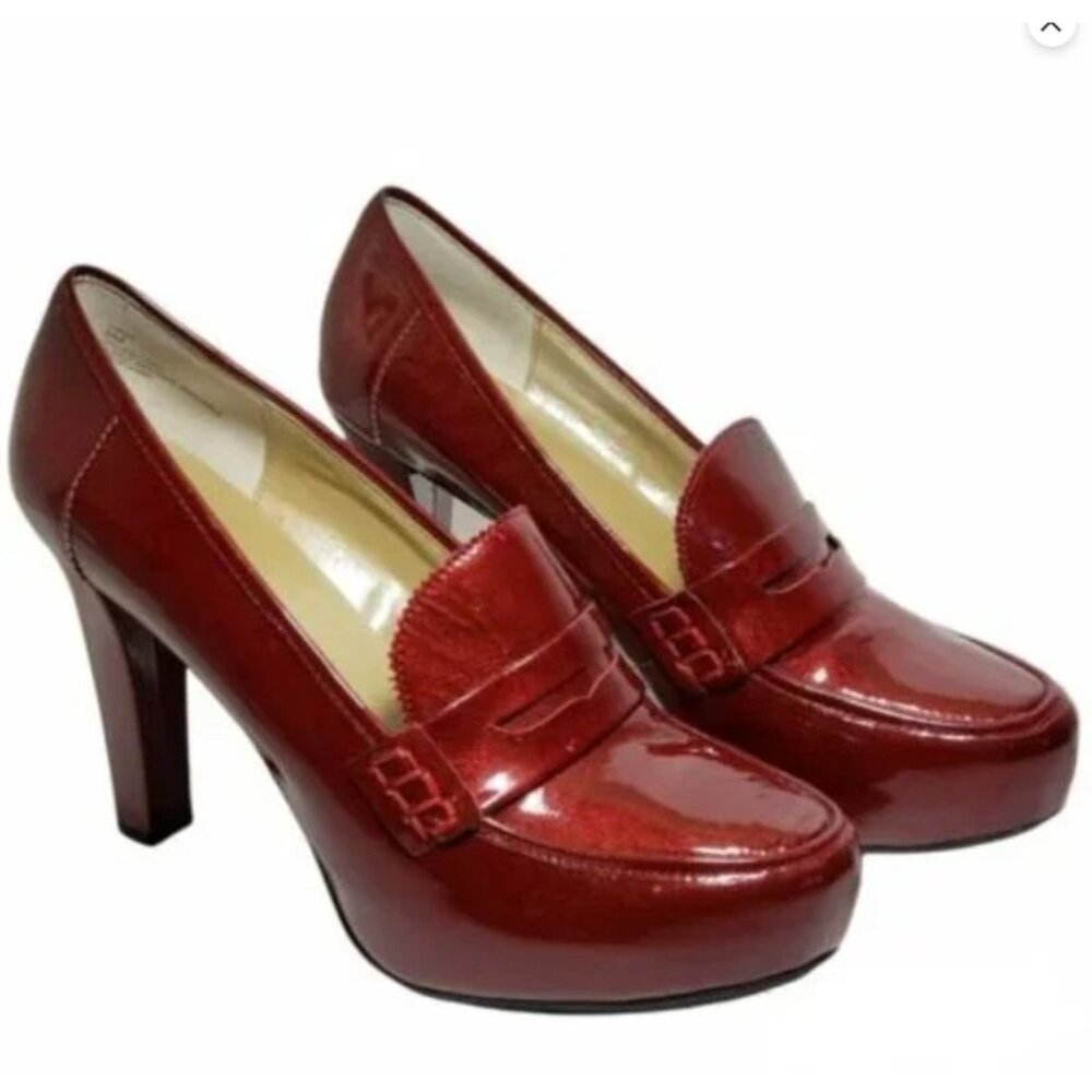 Me Too Women's Burgundy Patent Leather LORRE Penny Loafer Heels Pumps Size 9M - Picture 2 of 12